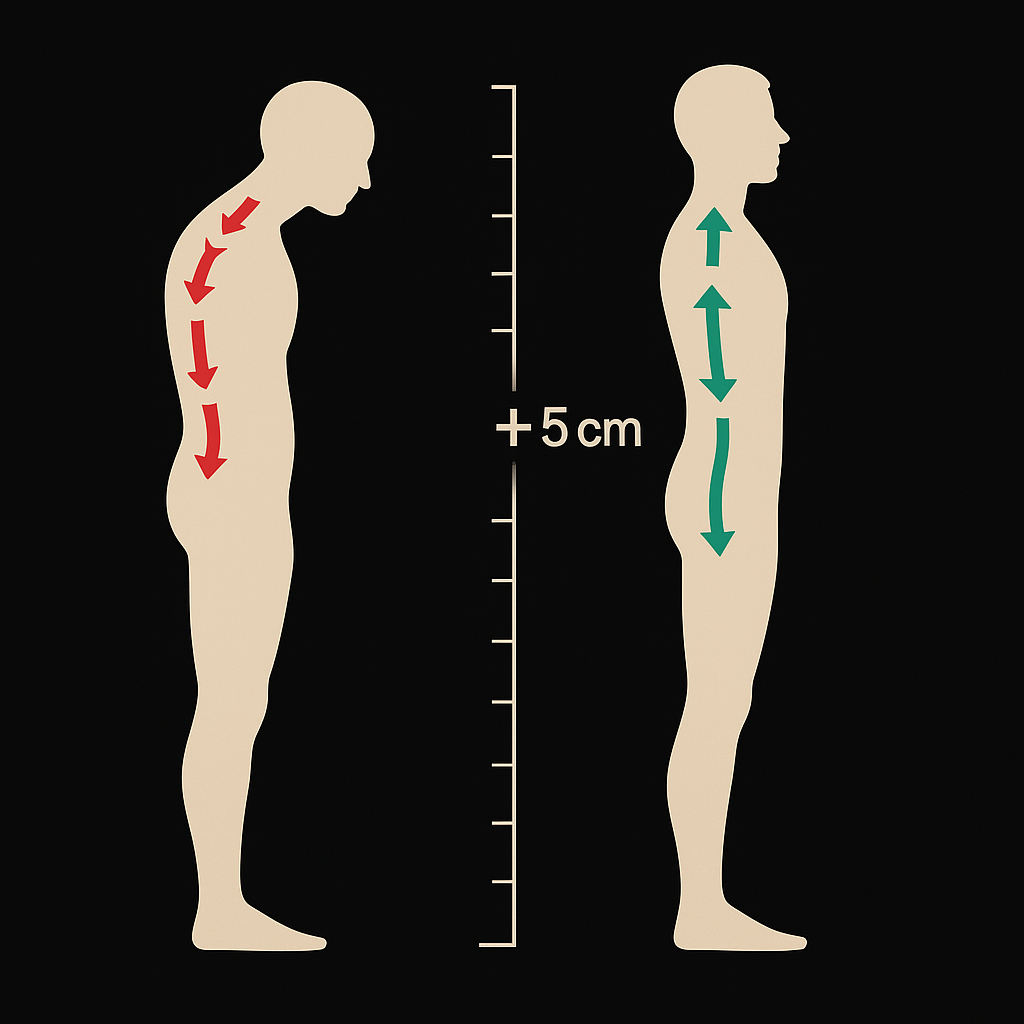 Comparação de postura: má postura vs postura corrigida com ganho de 5cm